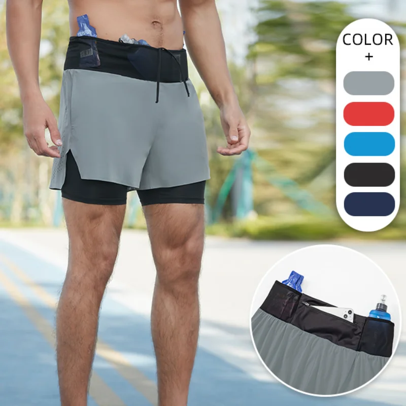 2 in 1 Trail Running Marathon Multifunctional Shorts Quick Dry Long Distance Training Sports Men Summer Lining With Waist bag