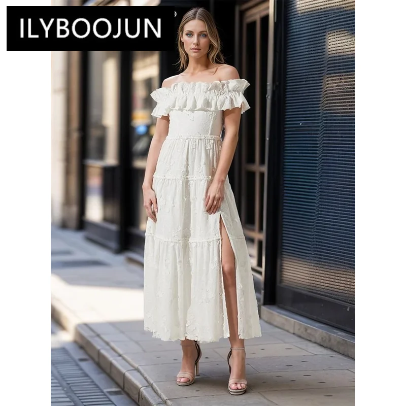 

ILYBOOJUN Solid Elegant Spliced Folds Dress For Women Slash Neck Sleeveelss High Waist Split Temperament Dresses Female New