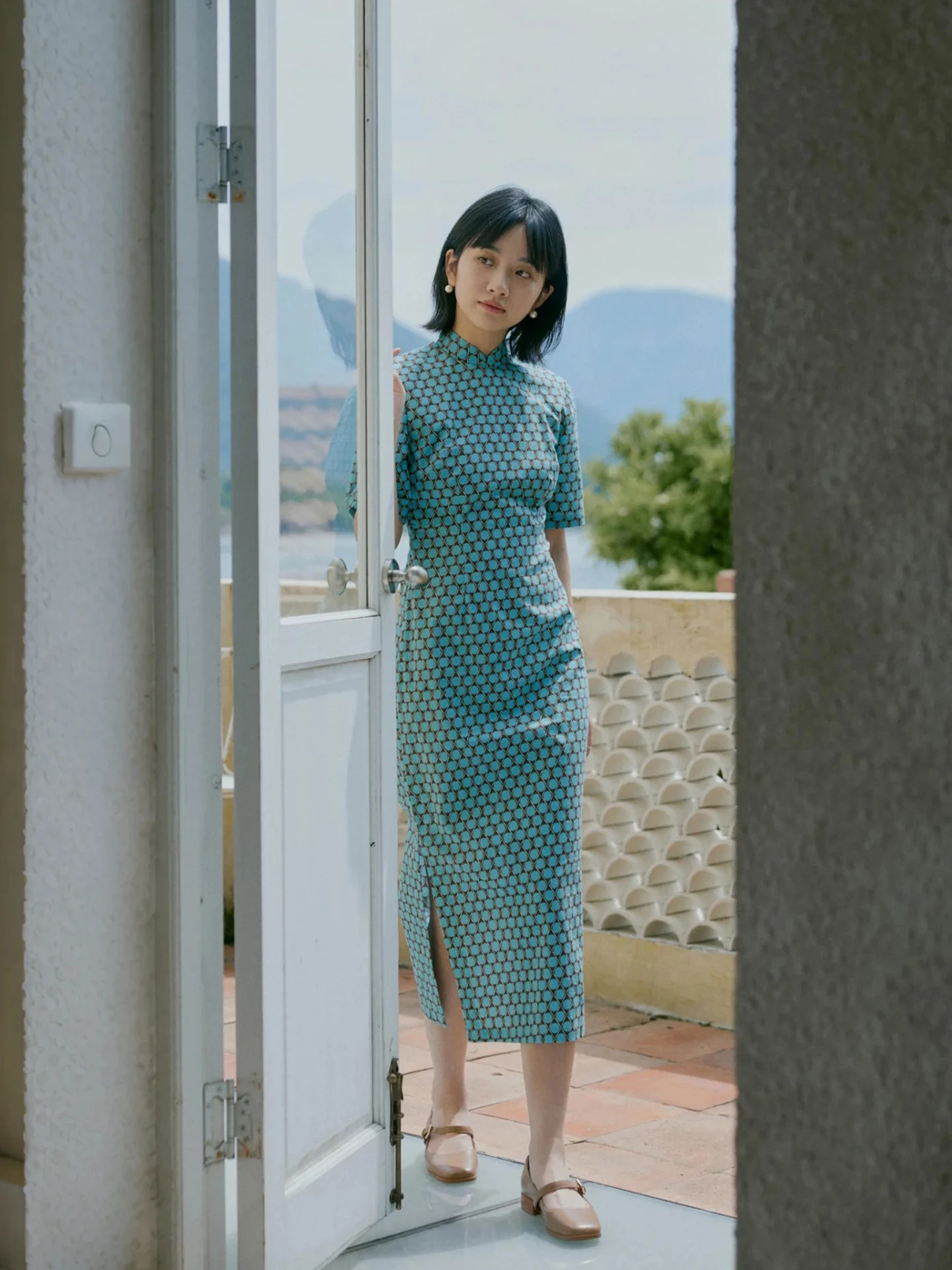 

Momei Vintage Sle Hong Kong Sle Breathable Linen Cotton ort Sve Mid-Length Dr Side Zipper k Blue