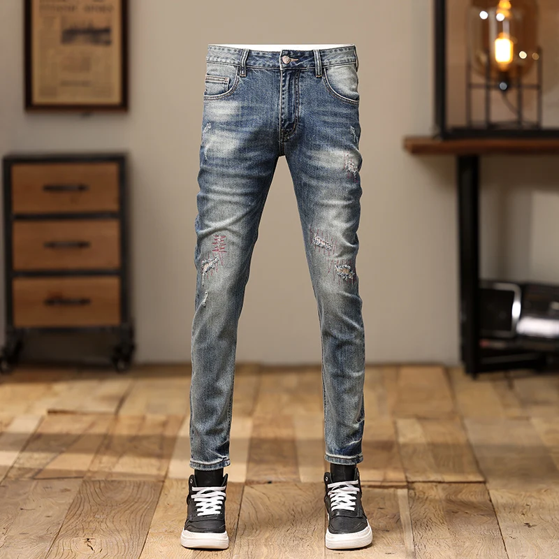 

Newly Designer Fashion Men Jeans High Quality Retro Blue Stretch Slim Fit Ripped Jeans Embroidery Patched Vintage Denim Pants