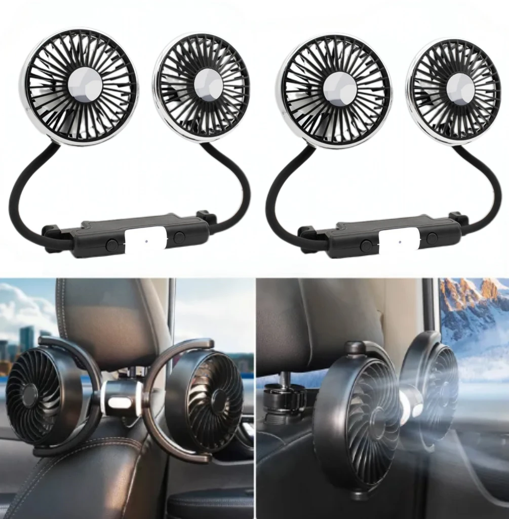 360° Rotation 3-Speed Strong Wind Fan Car Cool USB Fan Compatible With Laptops Car Double-Head Hose Rear Seat Car Electronic Fan