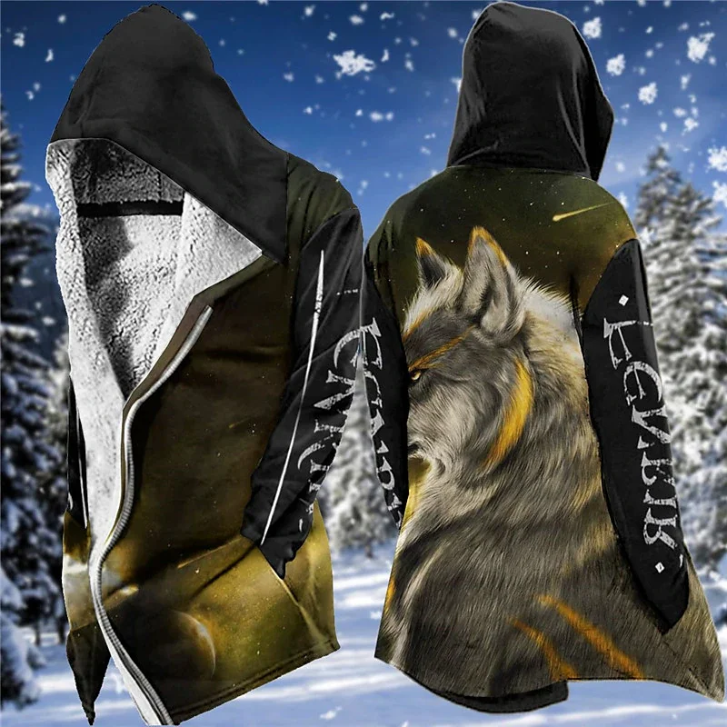 2023 Winter Fleece Coat Jackets New Outerwear Sweatshirts Zip Up Hoodies Wolf Ranch Tribal Graphics Parka Overcoat Y2k Clothing