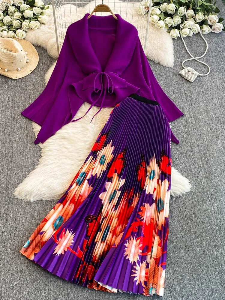 

Loose Batwing Sve Pleated Skirt Set Floral Print High Waist A-Line Top And f-length Skirt Two-piece Faion Set for Women