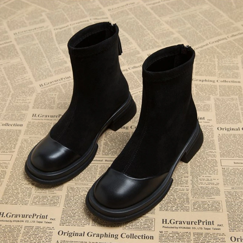 Französische Minimalistische Stretch-Sockenstiefel für Damen, Vintage-Stil mit Runder Spitze, Klobiger Absatz, Modische Stiefeletten, Dezenter Luxus, Mattleder-Knöchelstiefel – Detail 3