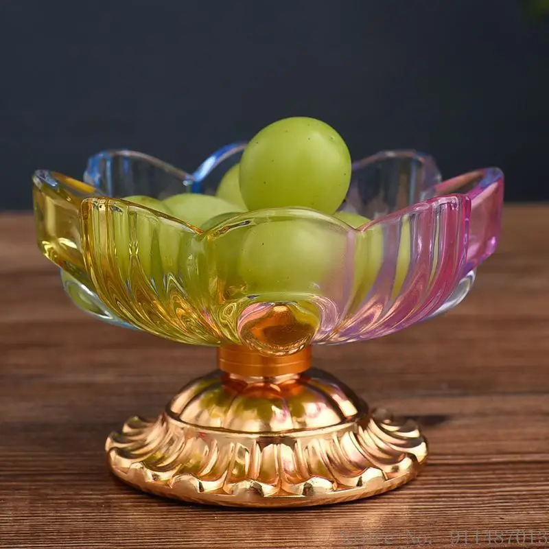 1pc Creative Glass Lotus Shaped Fruit Plate Serving Colorful Household Restaurant Supplies Indoor Buddha Ornaments Tribute Plate