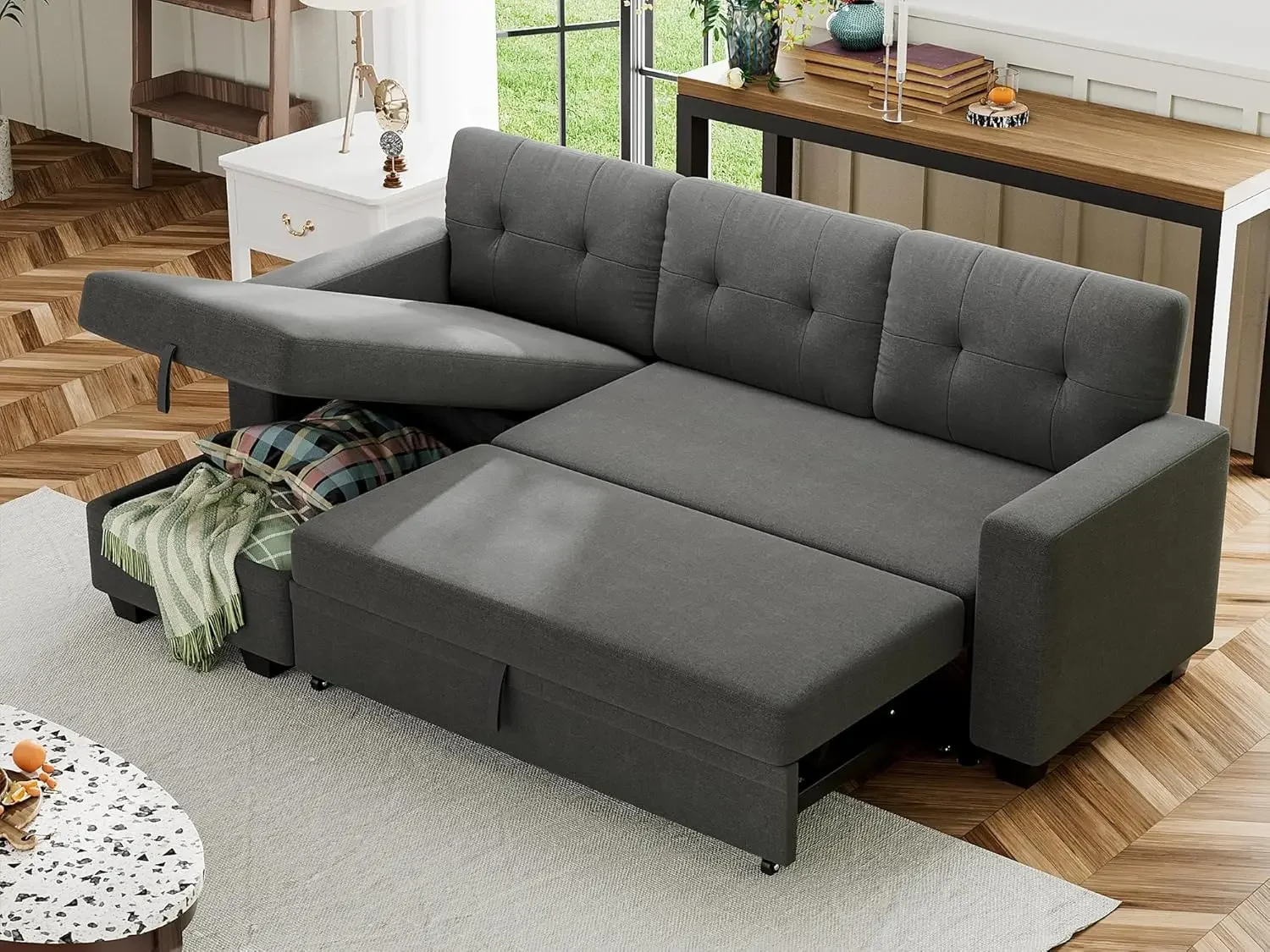 Sofa Bed Reversible Convertible Sleeper Pull Out Couches with Storage Chaise, Linen Fabric Furniture for Living Room, Bed