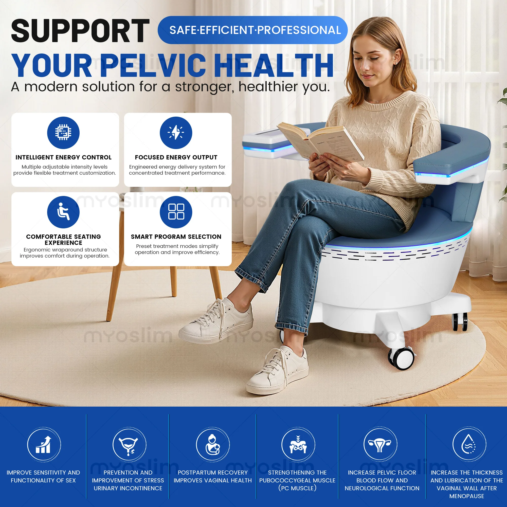 Electromagnetic Pelvic Floor Therapy Chair EMS Pelvic Muscle Stimulator for Incontinence Postpartum Recovery Men and Women