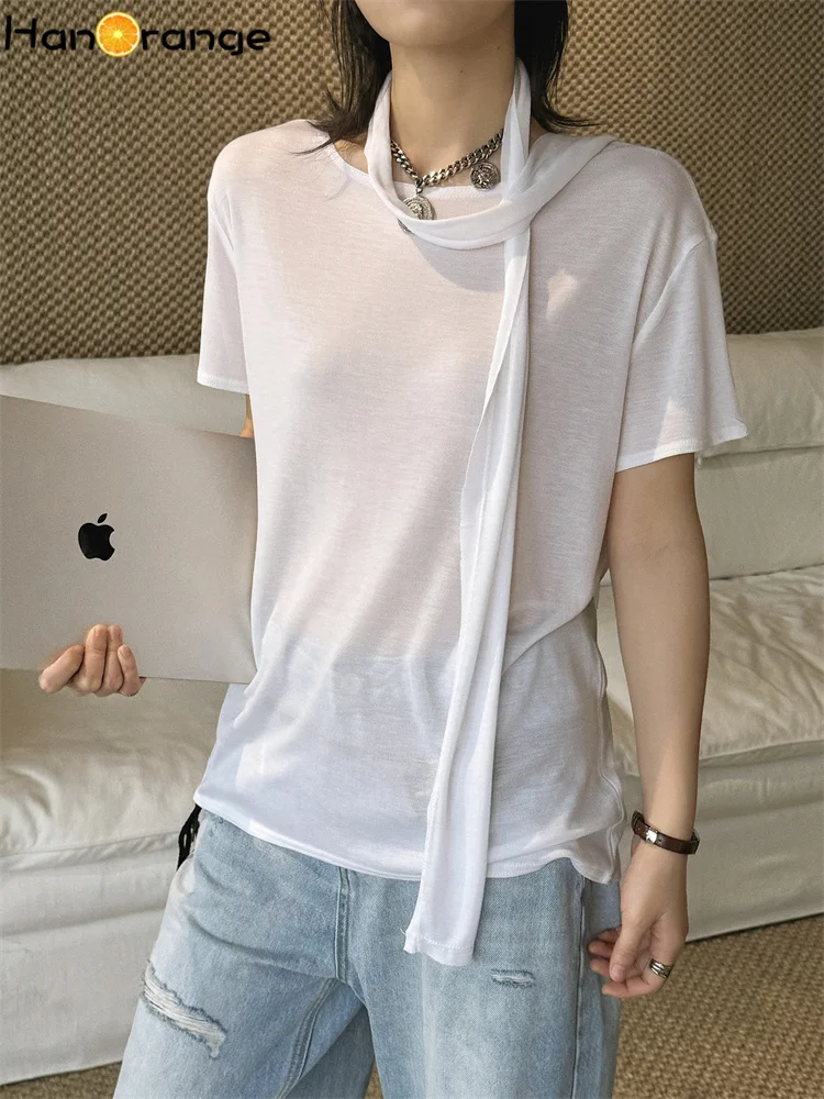 

HanOrange 2026 Summer Lazy Oxygen Feeling Round Tie Ribbon Short Sleeve T-shirt Women Lightweight Tees White/Black/Green