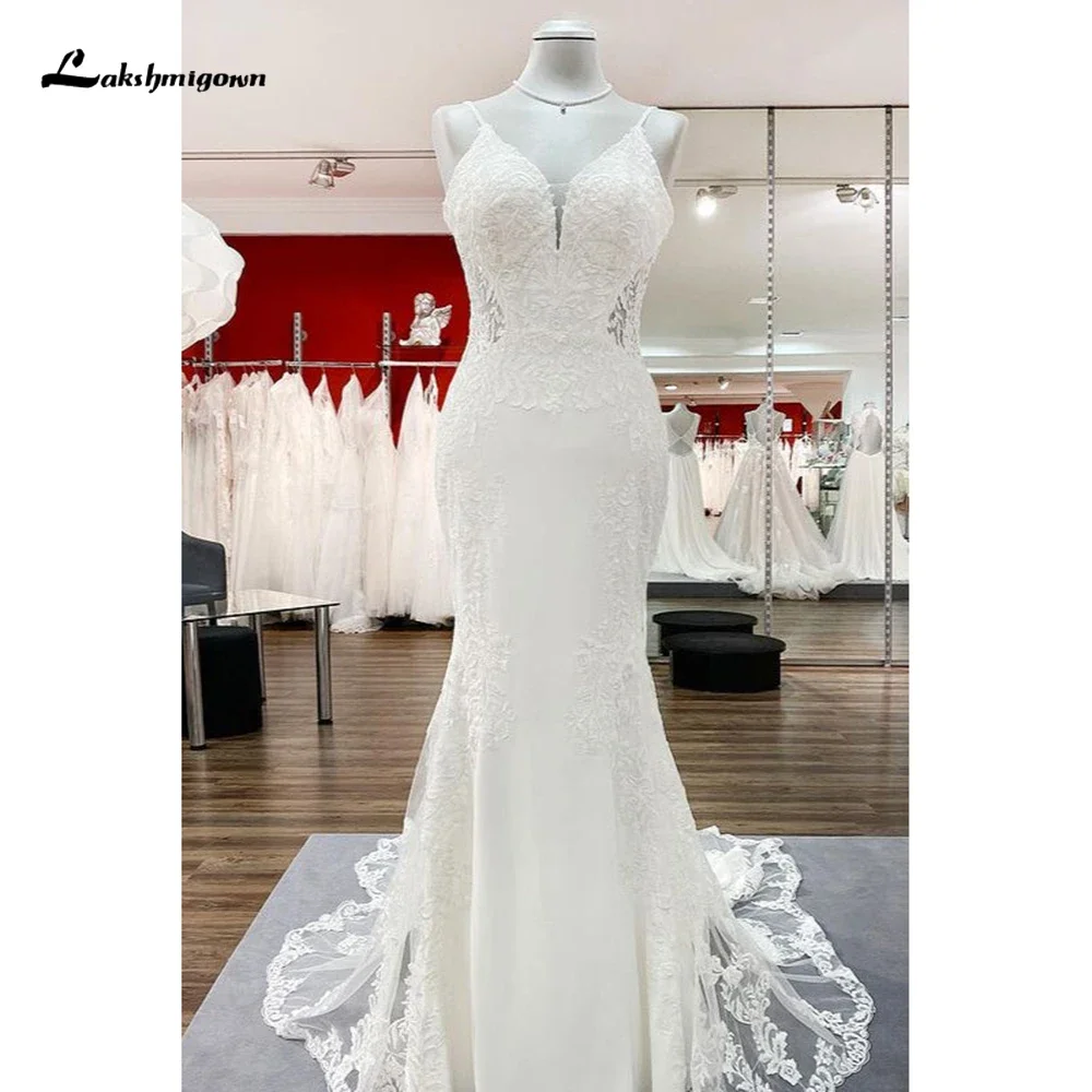 

Elegant Sexy V Neck Spaghetti Straps White Lace Satin Mermaid Wedding Dress Buttons Back Bridal Gown Long Triain Robe Customized