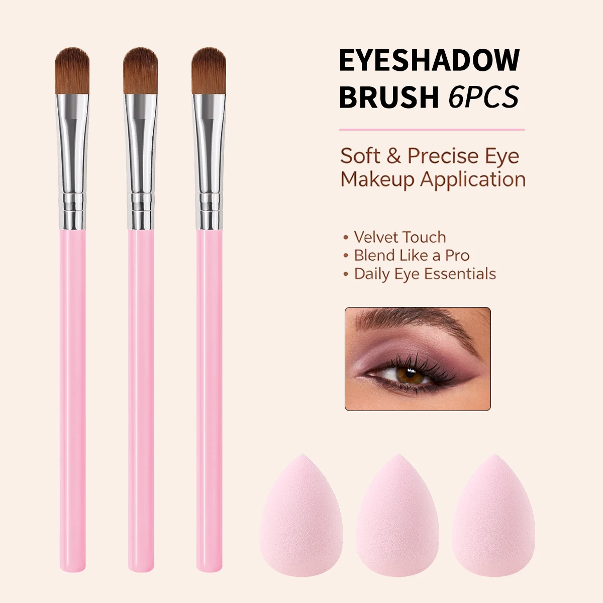 6Pcs Eyeshadow Makeup Brushes With 3Pcs Makeup Sponge Soft Cosmetic Brushes Set Precision Eye Shadow Blending Applicator Daily E