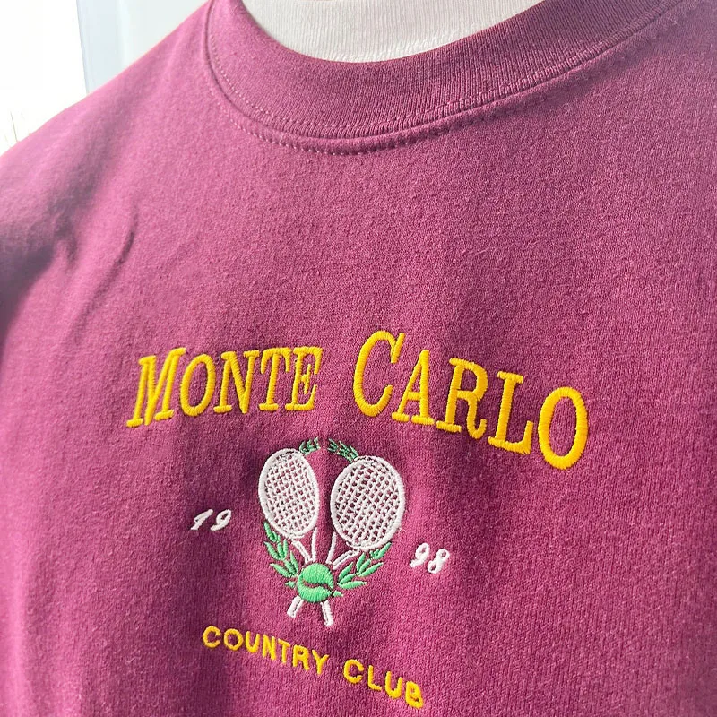 Monte Carlo 1998 Country Club Embroidered Sweatshirts Men Women Vintage Style Crewneck Pullover Autumn Thick Cotton Warm Sweater