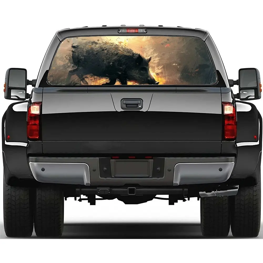 

Forest Sunset Wild Boar Print Car Rear Windshield Sticker Truck Window See Through Perforated Back Window Vinyl Decal Decoration
