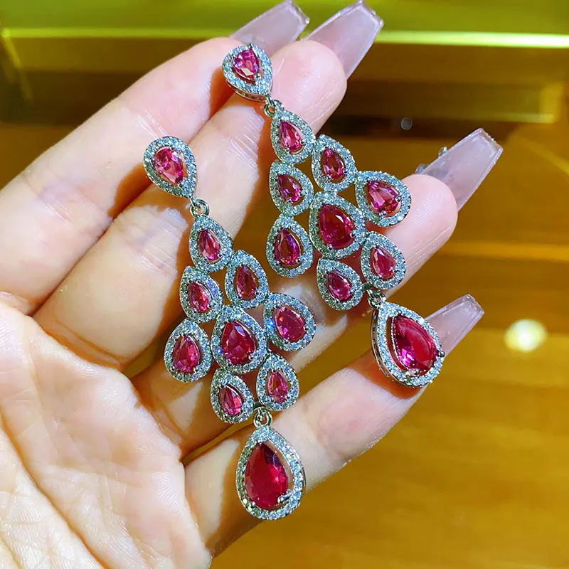 red water drop tassel earrings for women luxury jewelry zirconia wedding party dangling earrings elegant sparkly jewelry