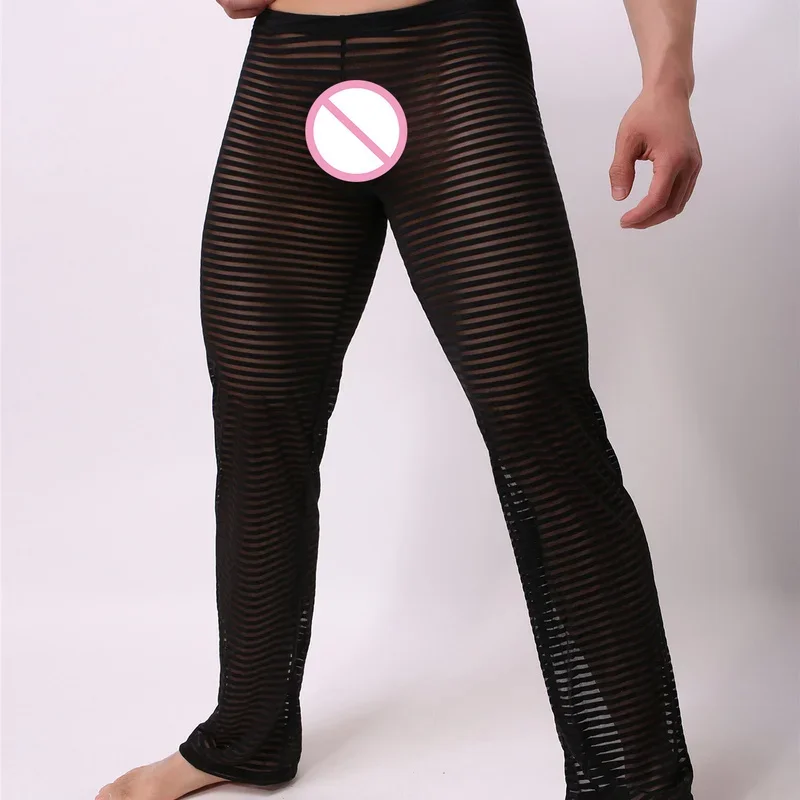 

Мужские сексуальные полосатые прозрачные пижамные брюки, однотонные легкие брюки для сна, мужские брюки полной длины