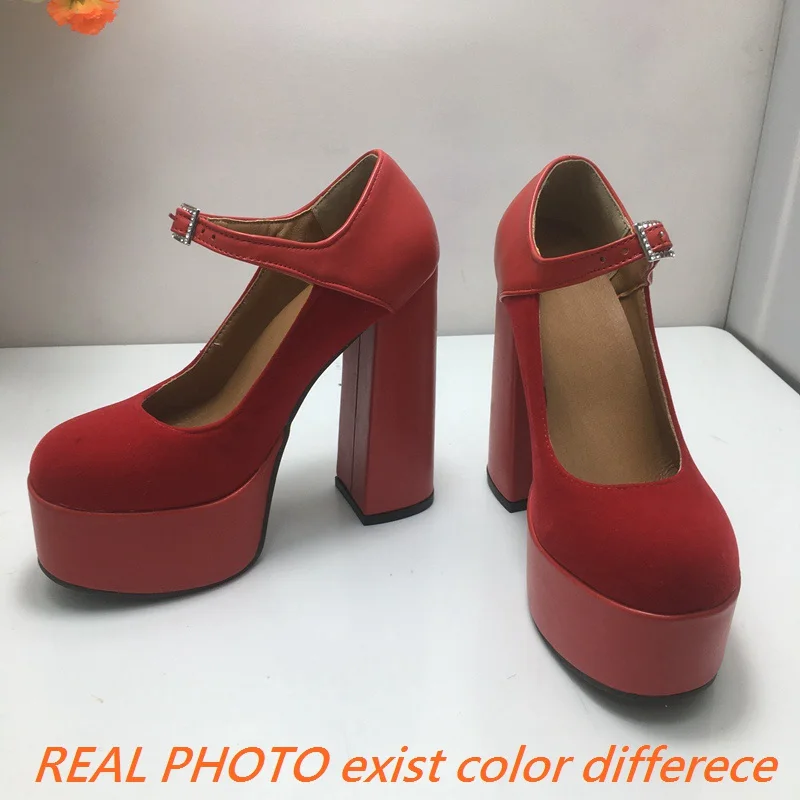 REAVE CAT 2024 Janes Women Pumps Shoes Round Toe 14cm Thick Block Heel 5cm Platform Suede Leather Buckle Big Size 41 43