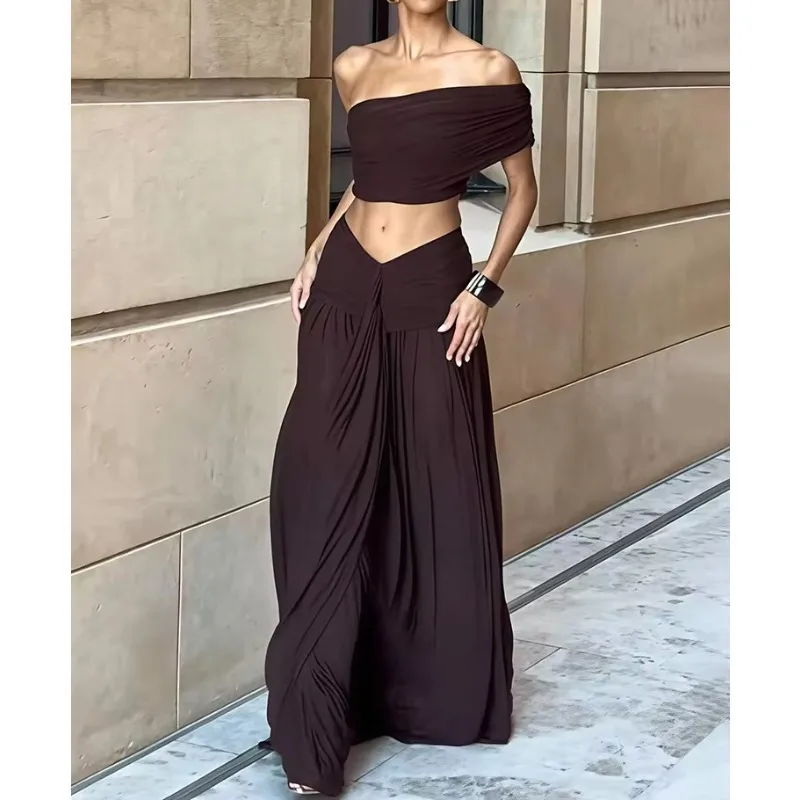 Women 2 Piece Set Elegant Strapless Crop Top And High Waist Split Maxi Skirt Sets Female Ruched Beach Club Party Sets