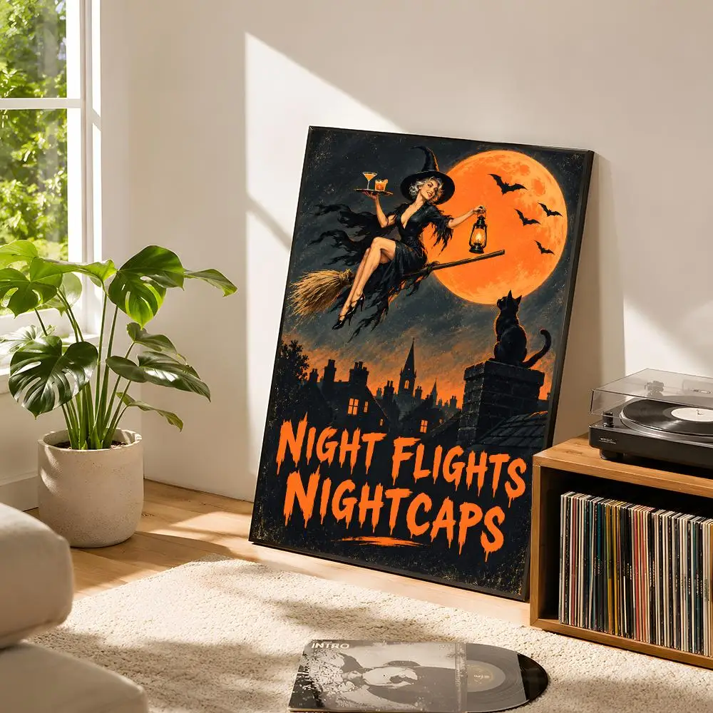 Midnight Witch Cocktail Party Under The Orange Moon Poster Self Adhesive Matte Wall Art Removable Home Room Decoration