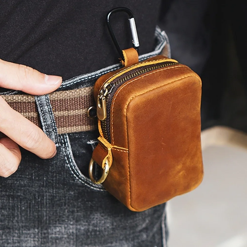 New Mini Leather Waist Pack Zipper Key Holder Solid Color Keychain Pouch Hook Design Waterproof Belt Waist Bag Outdoor