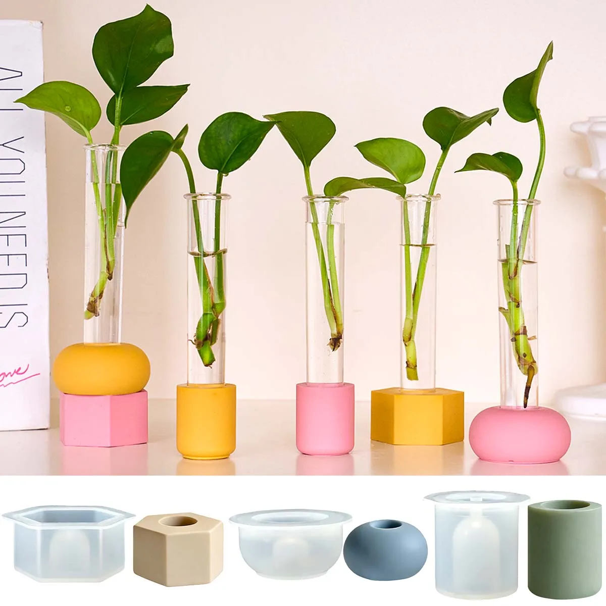 Molde de silicona creativo para mini macetas, moldes de fundición para jarrones de tubo de ensayo hidropónicos nórdicos DIY, para manualidades de yeso y resina, decoración del hogar