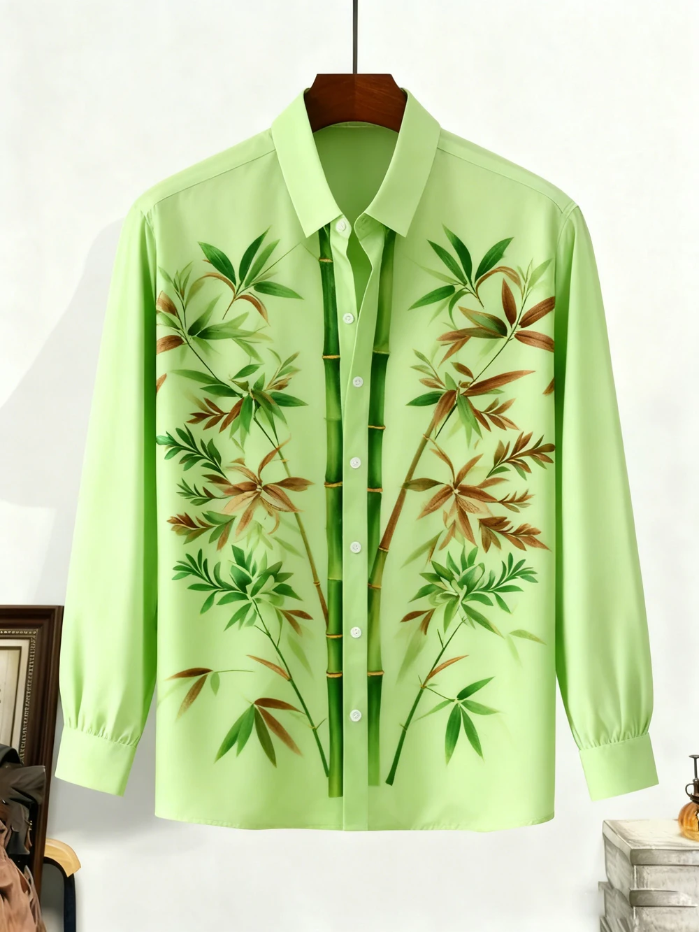 

Men's New Business Casual Shirt Natural Plant Lotus Leaf Ukiyoe Waves Green Bamboo Shirt Hawaii Beach Vacation Clothes for Men