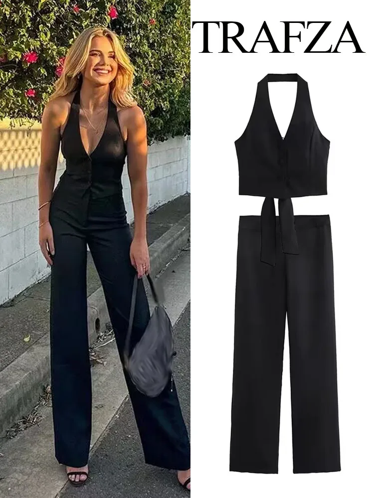 TRAFZA 2024 Women New Fashion 2 Piece Set Backless Sleeveless Halter Neck Lace-Up Suit Vest+Chic Zipper Casual Suit Long Pants