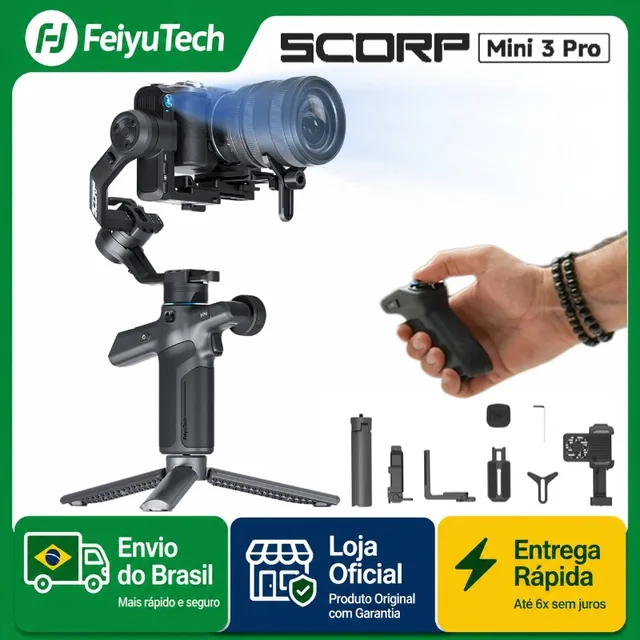 FeiyuTech SCORP Mini 3 Pro Gimbal 3 em 1 para Câmeras Mirrorless, Ação e Celular com Rastreamento IA 4.0, Alça Remota Destacável, Suporte até 2 kg, Bateria 14 h