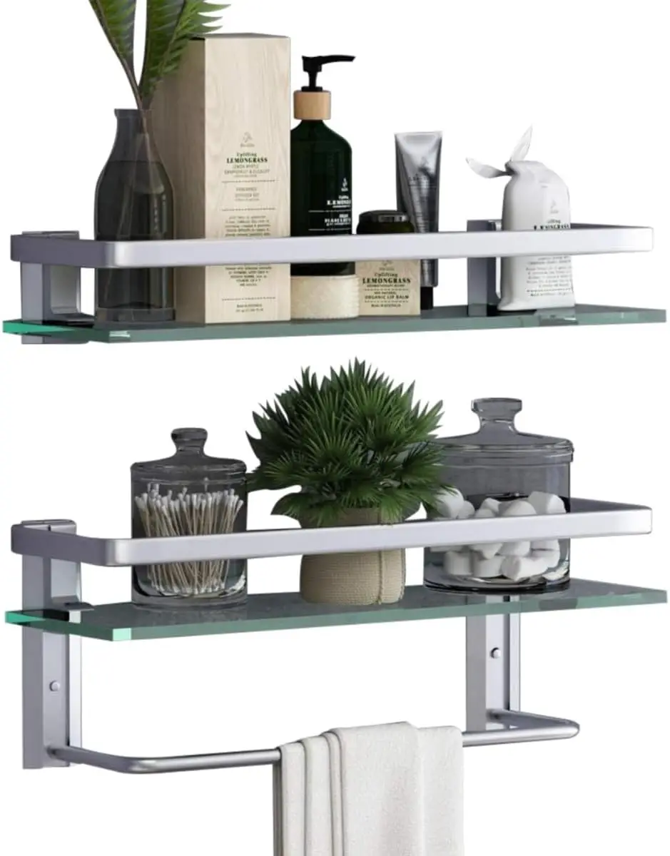

15.7in Wall Mounted Floating Glass Bathroom Shelf with Towel Holder, 2-Tier Silver Design