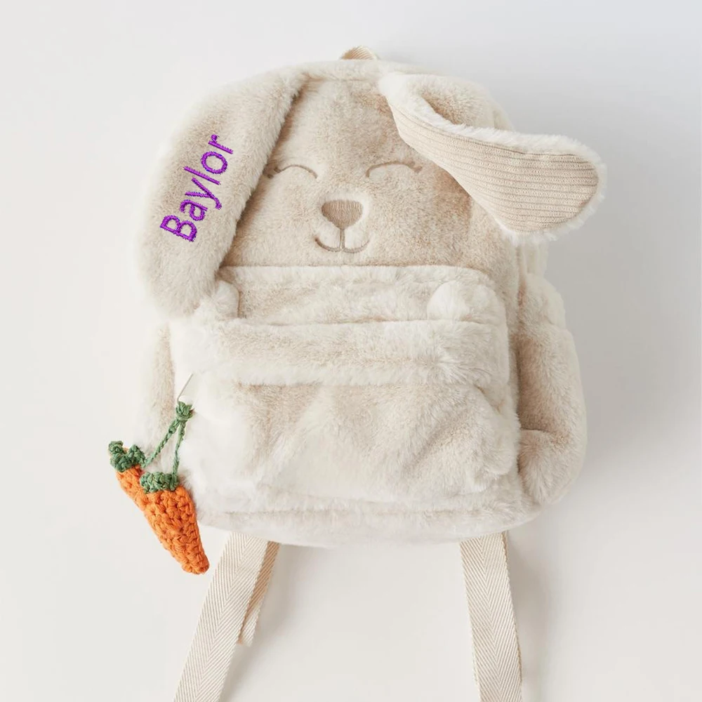 

Personalized Custom Beige Plush Cute Carrot Hanging Ear Rabbit Women's Backpack, Embroidered Children's Cute Gift Bag With Name