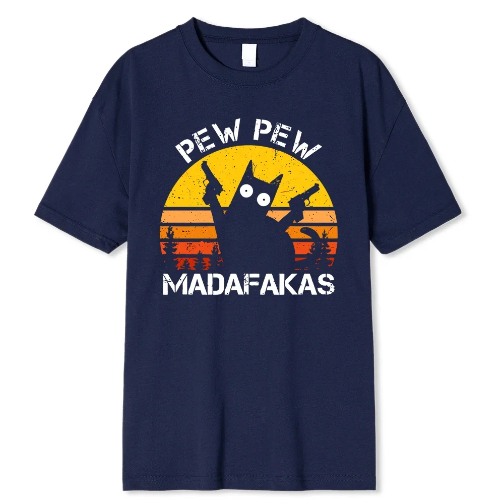 Pew Pew Madafakas T-shirt imprimé chat avec deux pistolets pour hommes, Économie d'été en coton, Vêtements respirants, Hip Hop S