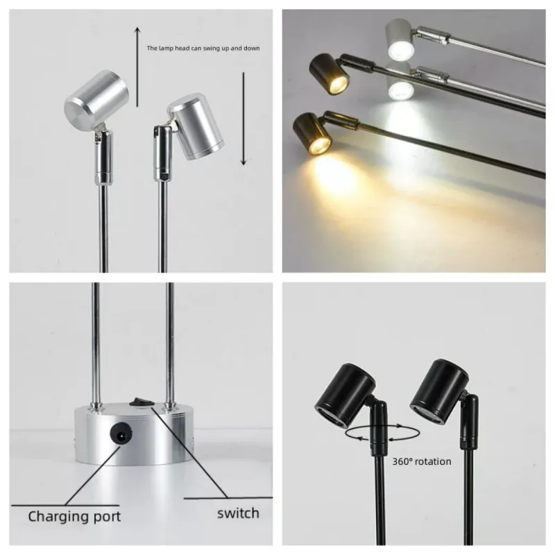 LED Jewelry Counter Lamp 2W 6W 2head Spotlight, Battery Charging Rotatatble Emergency Cabinet Lamp ,Display ,Welding Party Decor