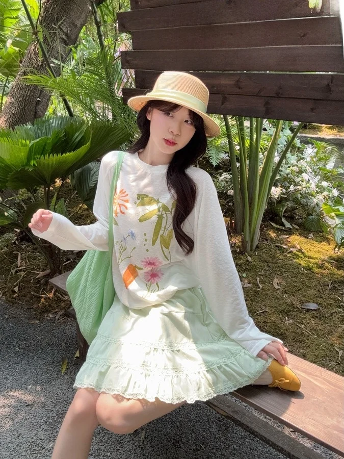 

plus Size Casual Bright T-Shirt Skirt Set Loose Fit Summer Fashionable Commute Style Long Sleeve Mid-Length A-Line Skirt