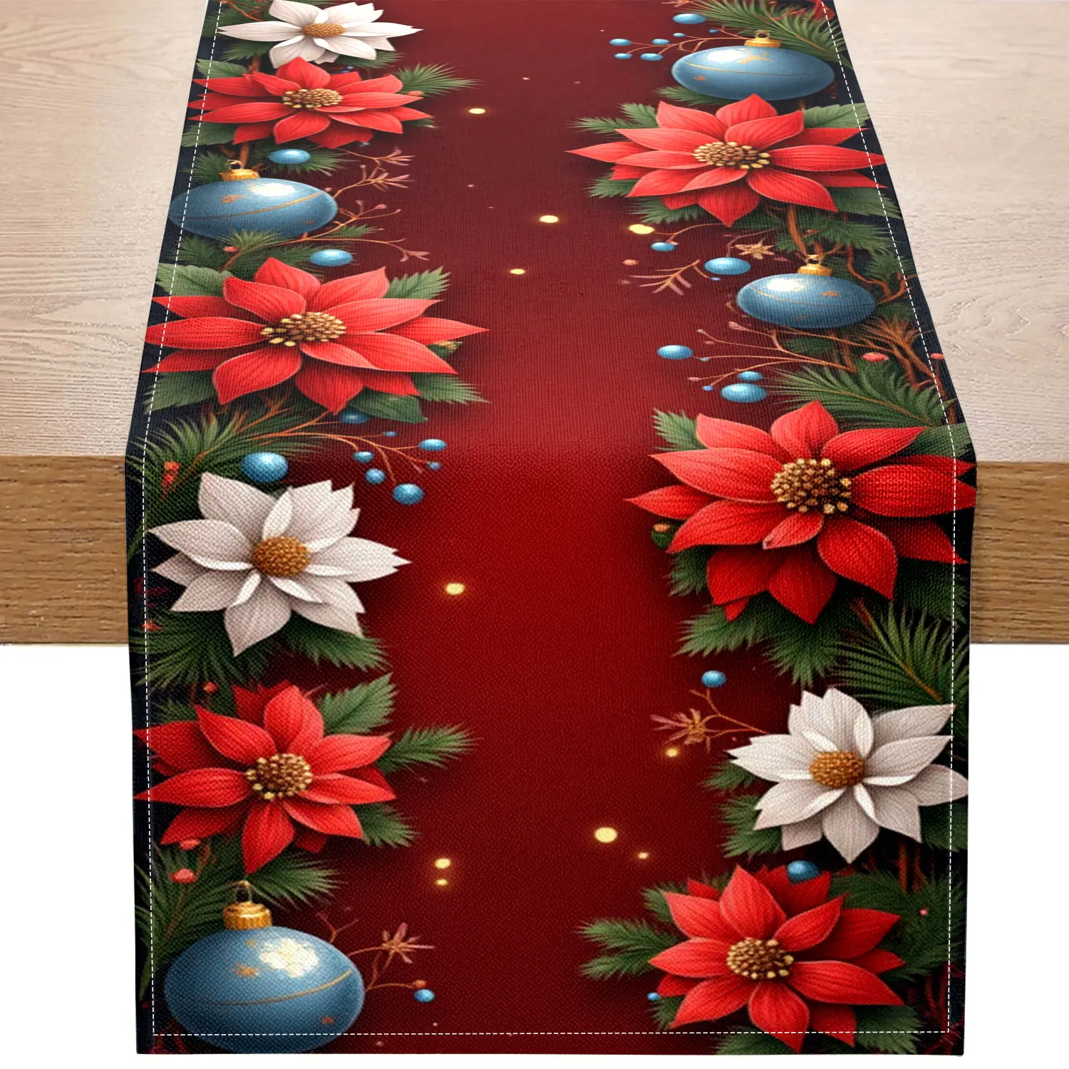 

1 Piece of Christmas-Themed Table Runner, Decorated with Poinsettias, Bells, and Blue Balls, Suitable for Christmas Parties, Family Holiday Decorations, and Other Occasions