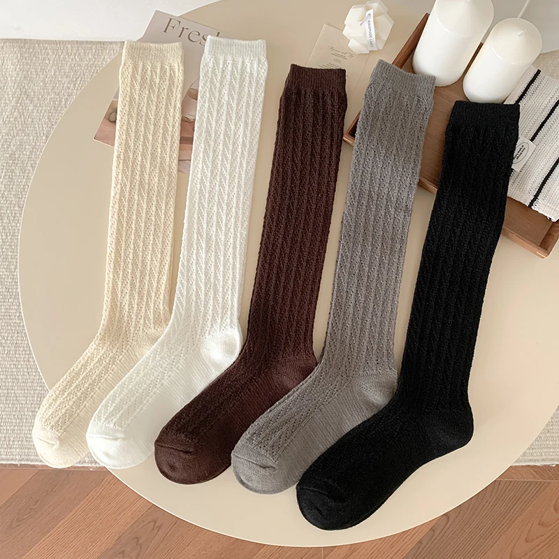 

Women's Stockings Autumn New Fashion Japanese Style Long Socks For Women High Quality Hollow Out Solid Color Knee High Socks