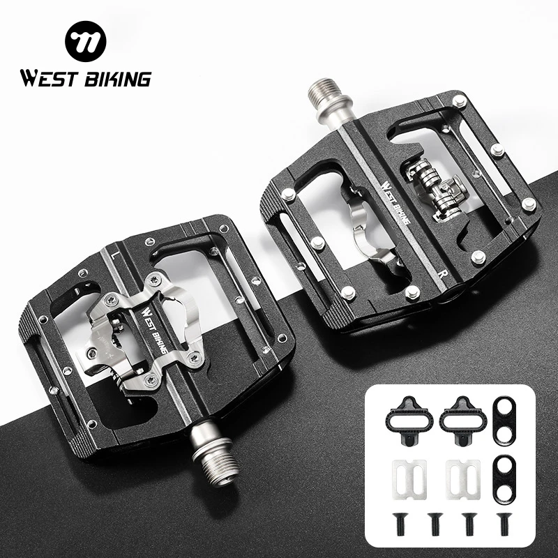 WEST BIKING 2 In 1 Bicycle Pedals SPD Self-Locking Pedal DU Bearing MTB Road Bike Anti-slip Flat Pedals Cycling Part Accessories