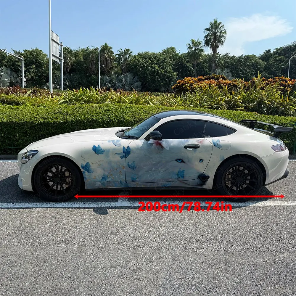 2pcs Blue Butterflies with Wolf Car Side Wraps, Self-Adhesive PVC Waterproof & Scratch-Resistant Stickers, Car Accessory Gift