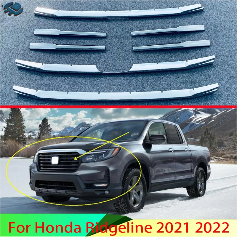 

For Honda Ridgeline 2021 2022 Car Accessories ABS Chrome Front Center Mesh Grille Grill Cover Radiator Strip Trim