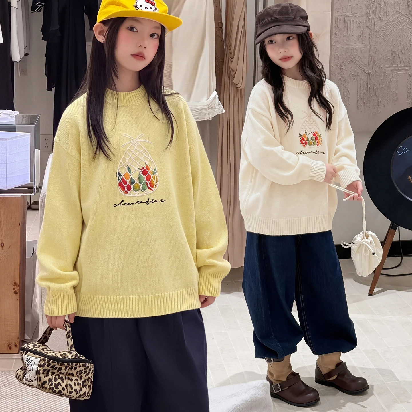 autumn winter warm 4-14 teenager girls Towel embroidered strawberry sweater junior kids Thick knit top children clothes