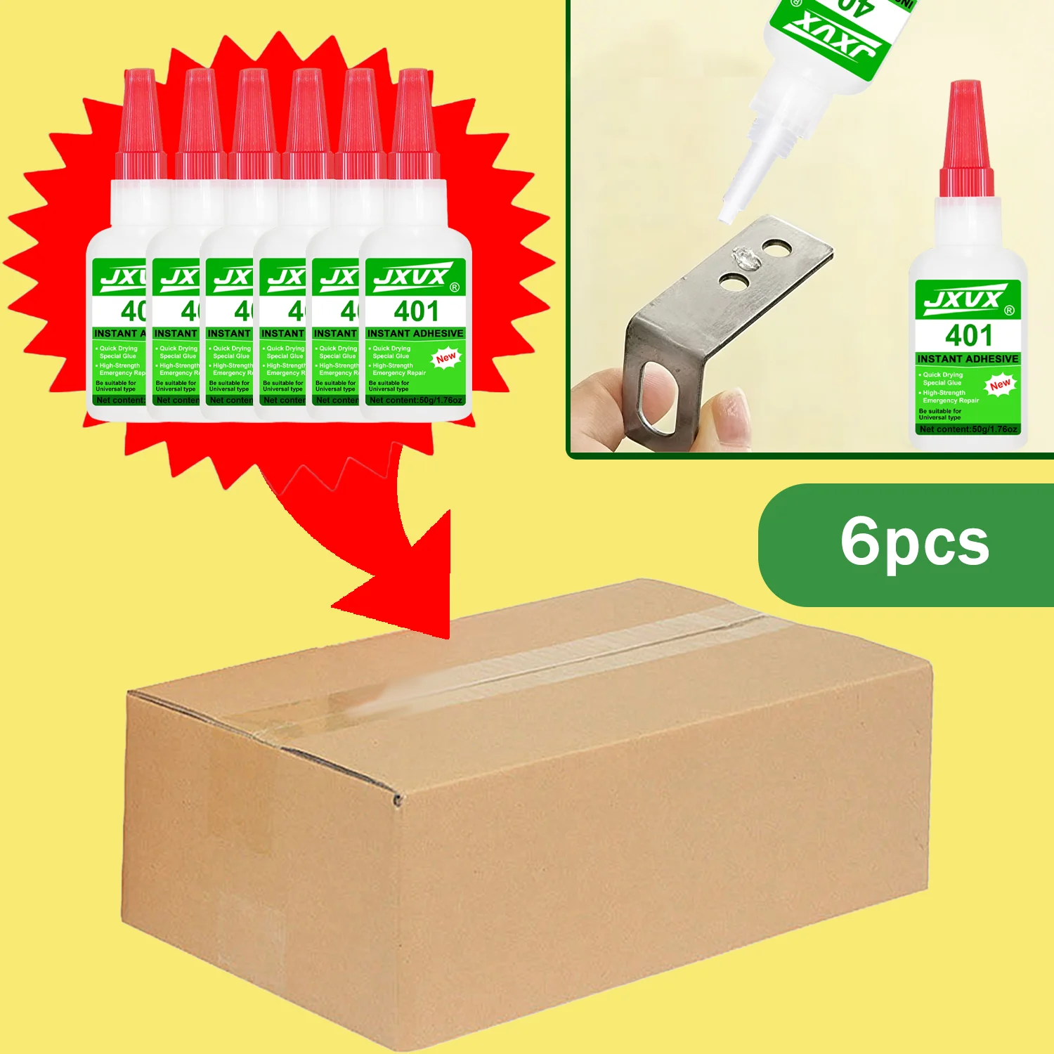 Universal instant glue JXVX 401 50g, anaerobia, transparent and odorless glue liquid, suitable for resin, ceramic, plastic, drink, supplied with precision applicator