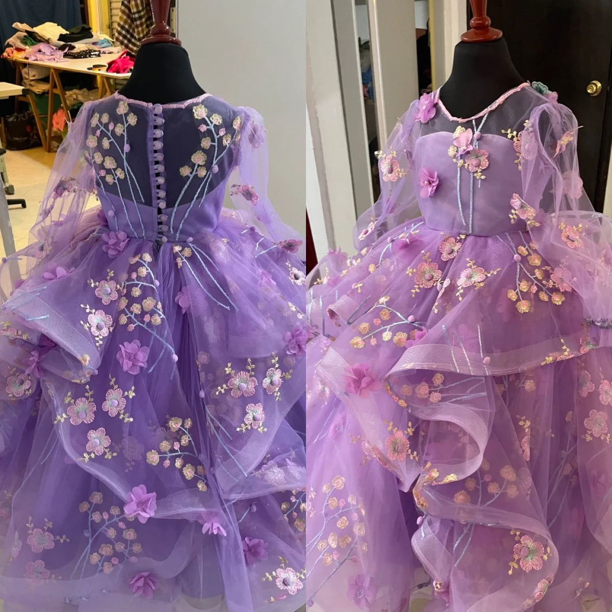 

Сиреневые милые платья с цветочным принтом для девочек на день рождения, индивидуальные платья с длинными рукавами для девочек-цветочниц, пышные платья для маленьких детей
