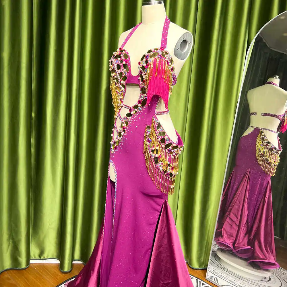 Traje de Danza del Vientre Color Fucsia para Mujer, Vestido de Sirena con Flecos y Pedrería, Atuendo Profesional para Bailarinas