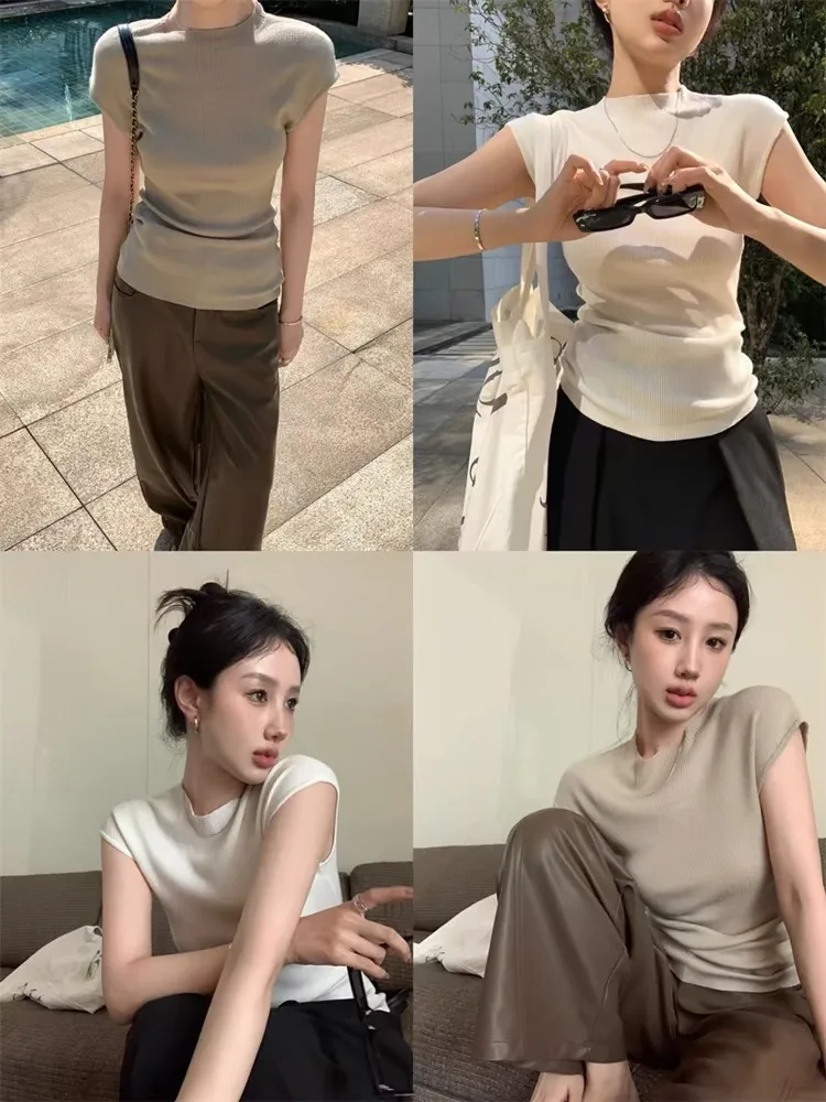 Women Summer Pure Silk T-shirt Sweater Half-high Collar Sleeveless Knit Pullover Spicy Girl Outfit Tees Slim Bottoming Wear Tops