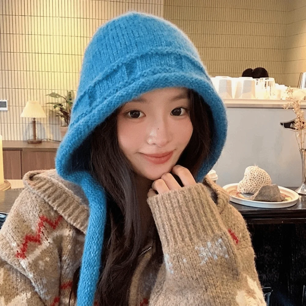 Fashion Solid Color Winter Knitted Hat Plush Anti-cold Ear Protection Hat Ear Flap Thickened Pullover Hat Girl