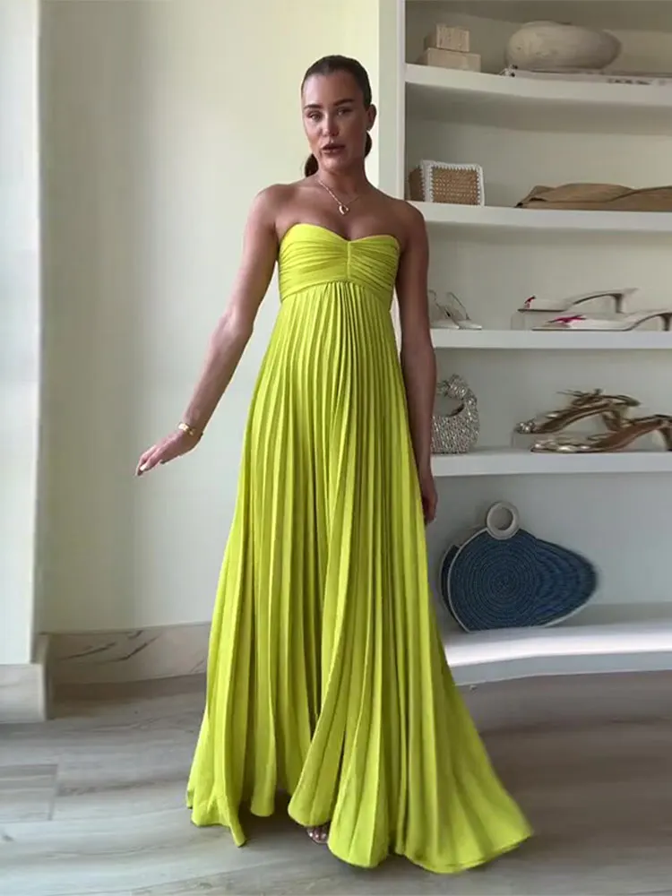 

Women Sexy Solid Backless Strapless Long Dress Elegant Hundred Pleated Hem Sleeveless Dresses 2024 Summer Evening Party Robes