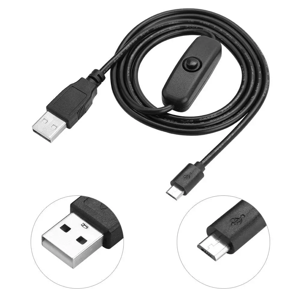 سلك كابل شحن طاقة USB صغير ، مفتاح تشغيل وإيقاف ، Raspberry Pi 3 ، 2 ، B ، B + ، A ، 5FT