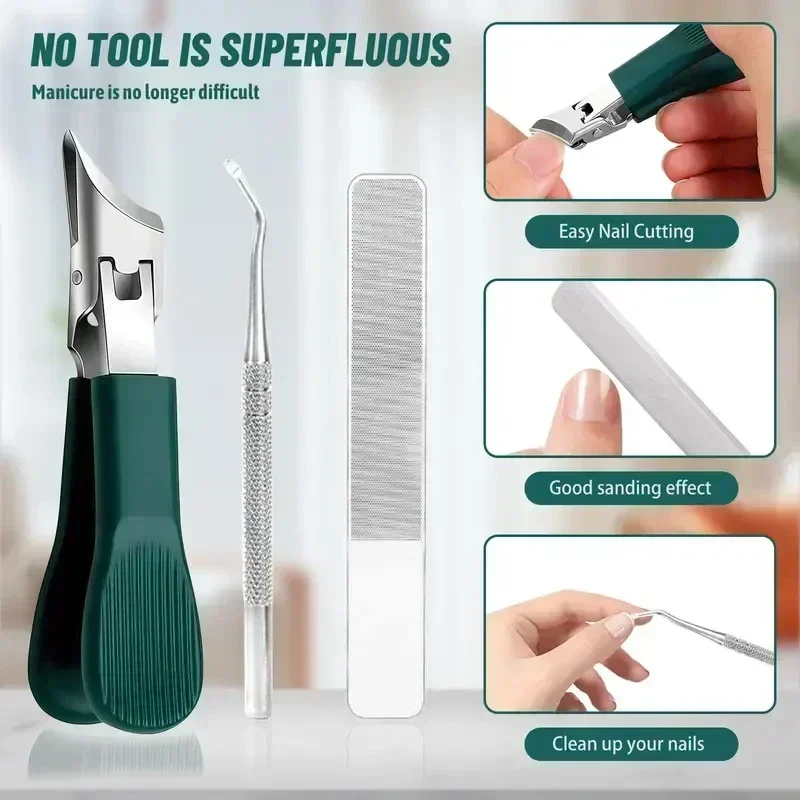 No More Struggling with Thick Nails! 3-Piece Green Eagle Beak Nail Clipper Set: Effortless Cut + Safe Ingrown Lift + Nail File