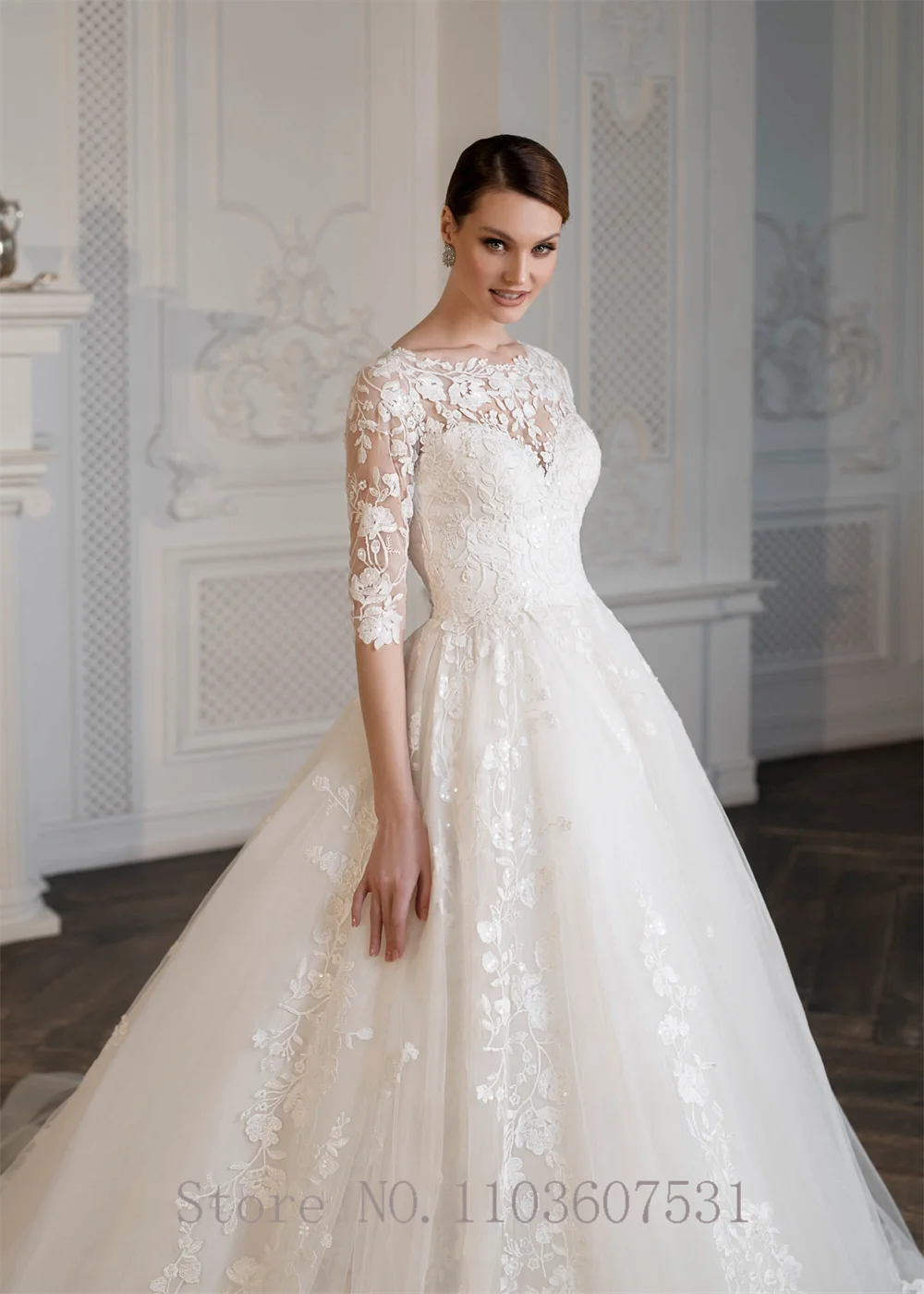 Elegante colletto da barca Applique pizzo Tulle 3/4 manica abito da sposa per le donne abito da ballo corte abito da sposa robe de mariée