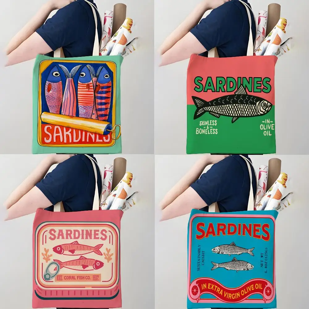Vintage Sardine Tin Label Art Storage Bags Canvas Double-Sided Print Tote Bag Large Capacity Shoulder Fashion Shopping Handbag
