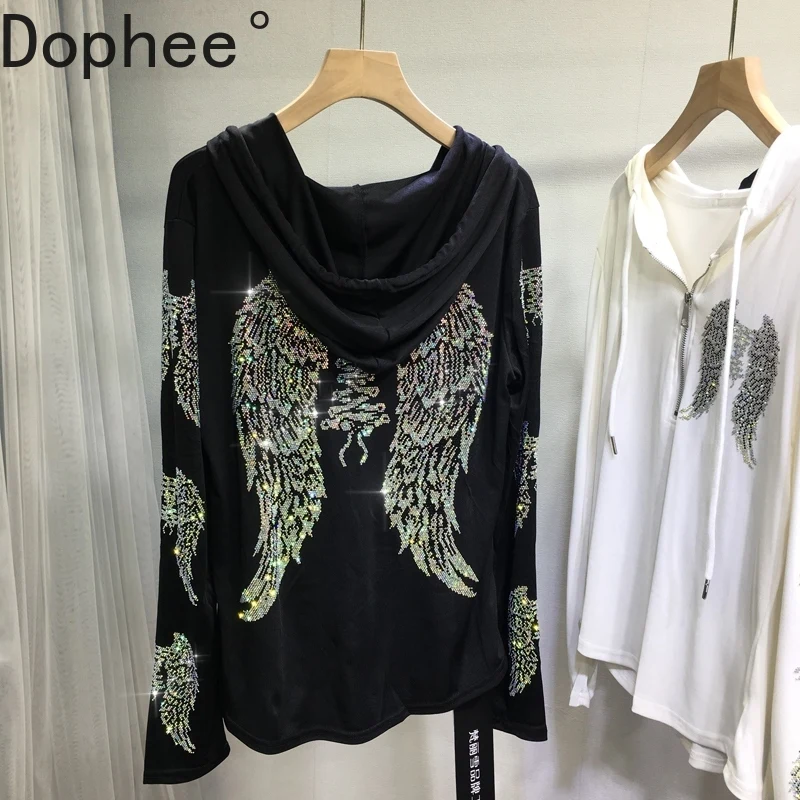 

High Quality Luxury Hot Drilling Wings Hooded Long Sleeve T-shirt Autumn Winter Pullover Basic Top Shiny Diamonds Casual Tees