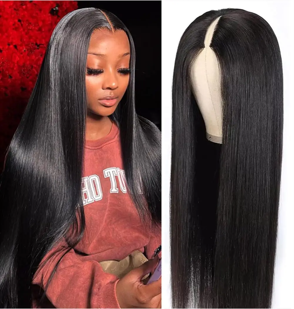 V Part Wig 220% Density Machine Made Human Hair Straight Wigs V Part Wigs With Drawstring No Sew Human Hair V Shape  Wig For Women Natural Color