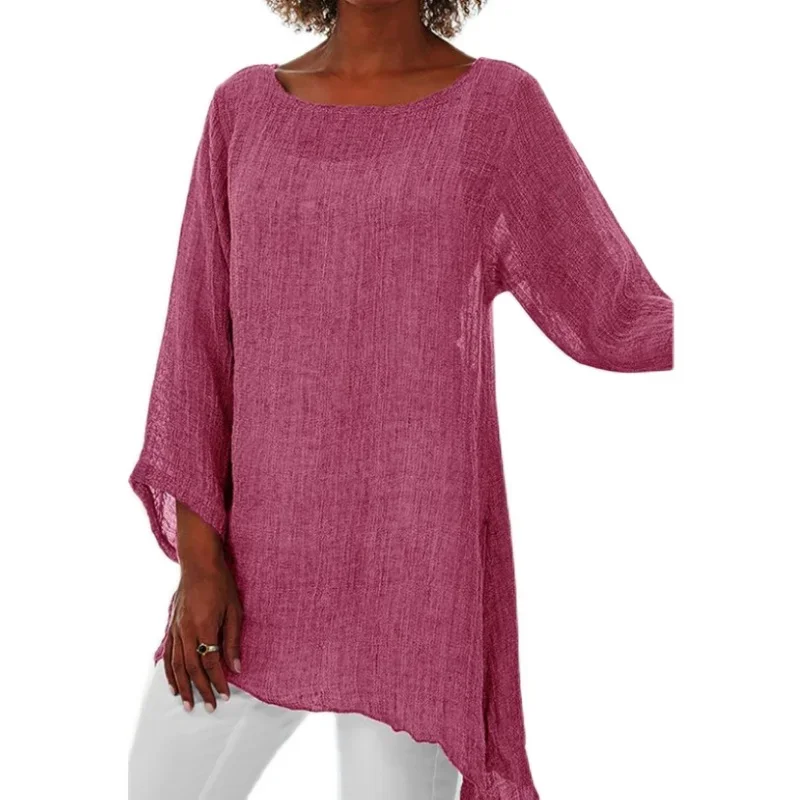

CPSYMYM Hot Blouse Women Solid Color Cotton Linen O-Neck Long Sleeve Irregular Tunic Top Spring Summer Oversized Shirts